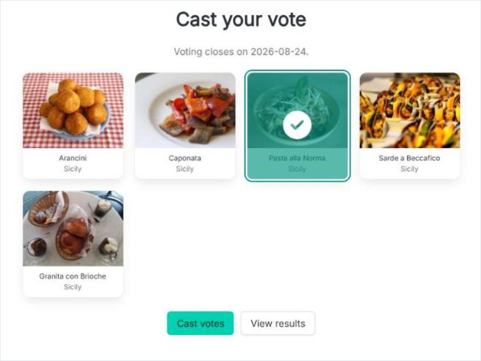 Un bulletin de vote par approbation avec les plats candidats et le décompte en cours