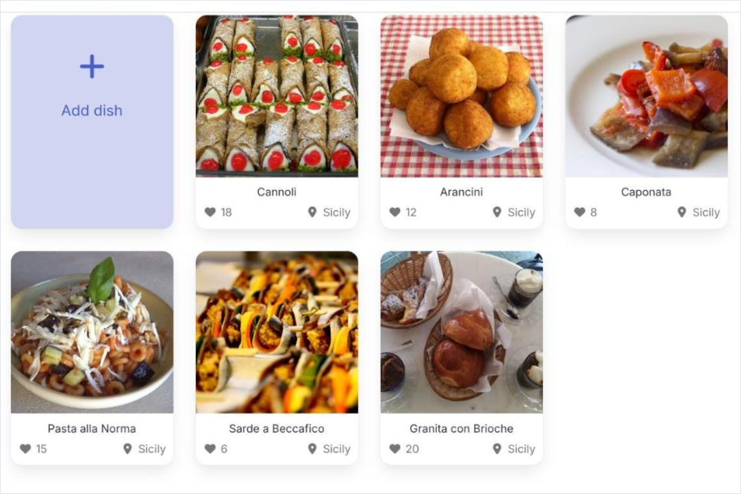 Le livre de recettes partagé : des fiches de plats avec photos, chacune avec son nom et son service