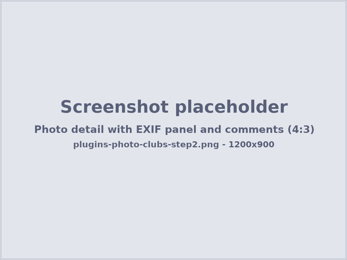 Captura de pantalla: vista de detalle de una foto con un panel de ajustes de cámara EXIF y una sección de comentarios debajo - capturar en 4:3, recortar a 1200x900