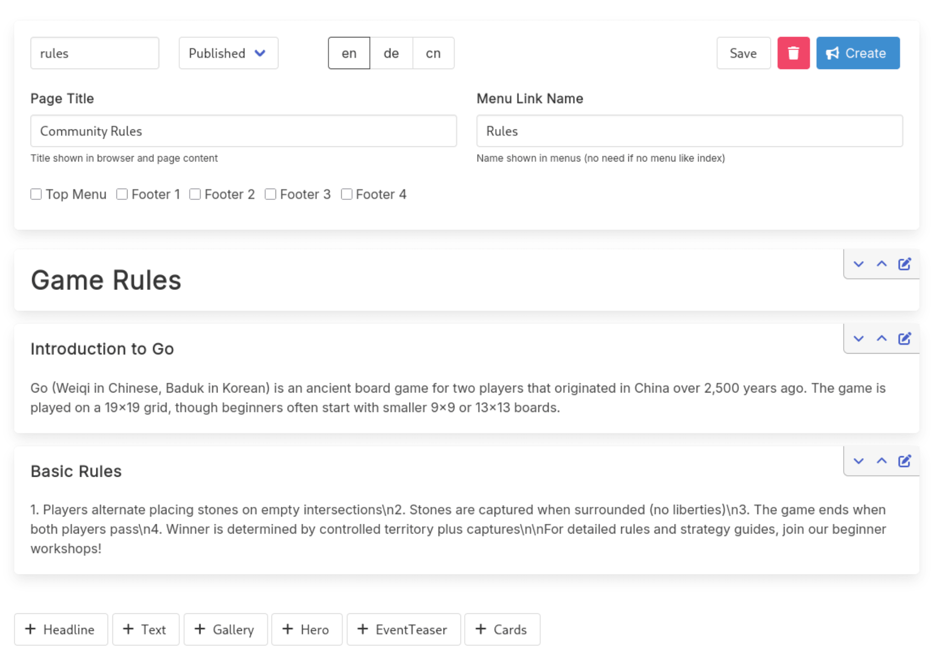 截图：CMS编辑视图，显示语言切换标签（DE/EN）可见
