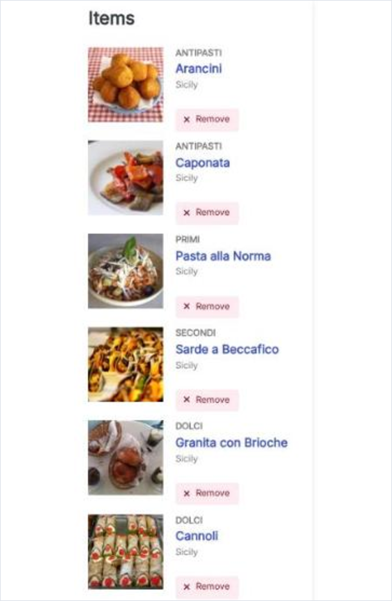 La page de l'événement avec les plats attachés regroupés en entrée, plat et dessert