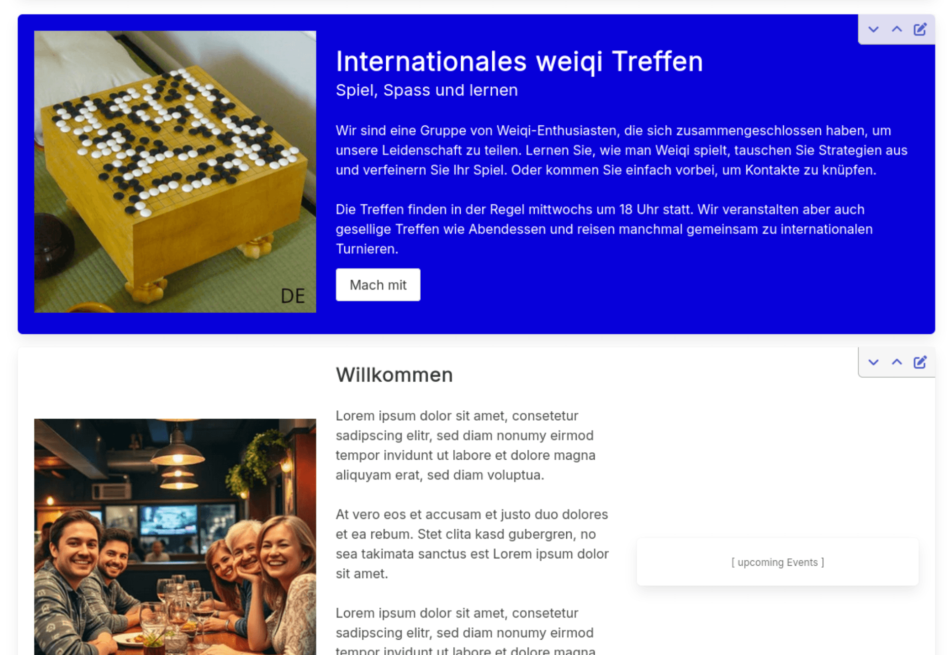 截图：CMS编辑器显示可拖动重排的块，以及打开的块类型选择器