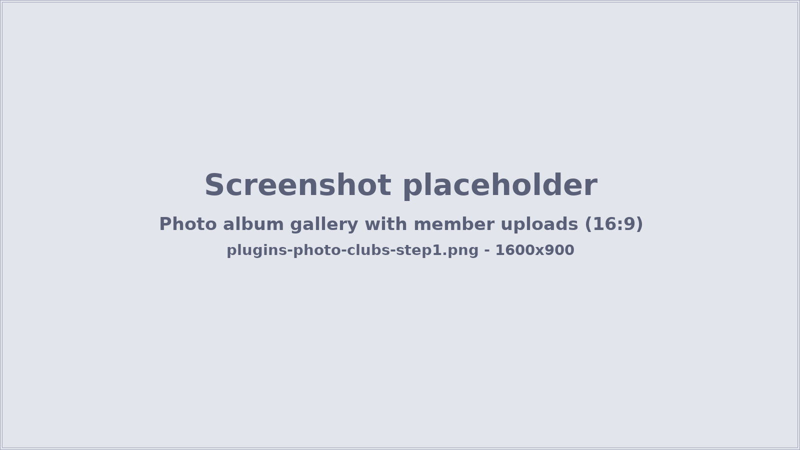 Captura de pantalla: vista de galería del álbum de fotos con una cuadrícula de miniaturas de las subidas de los miembros - capturar en 16:9, recortar a 1600x900