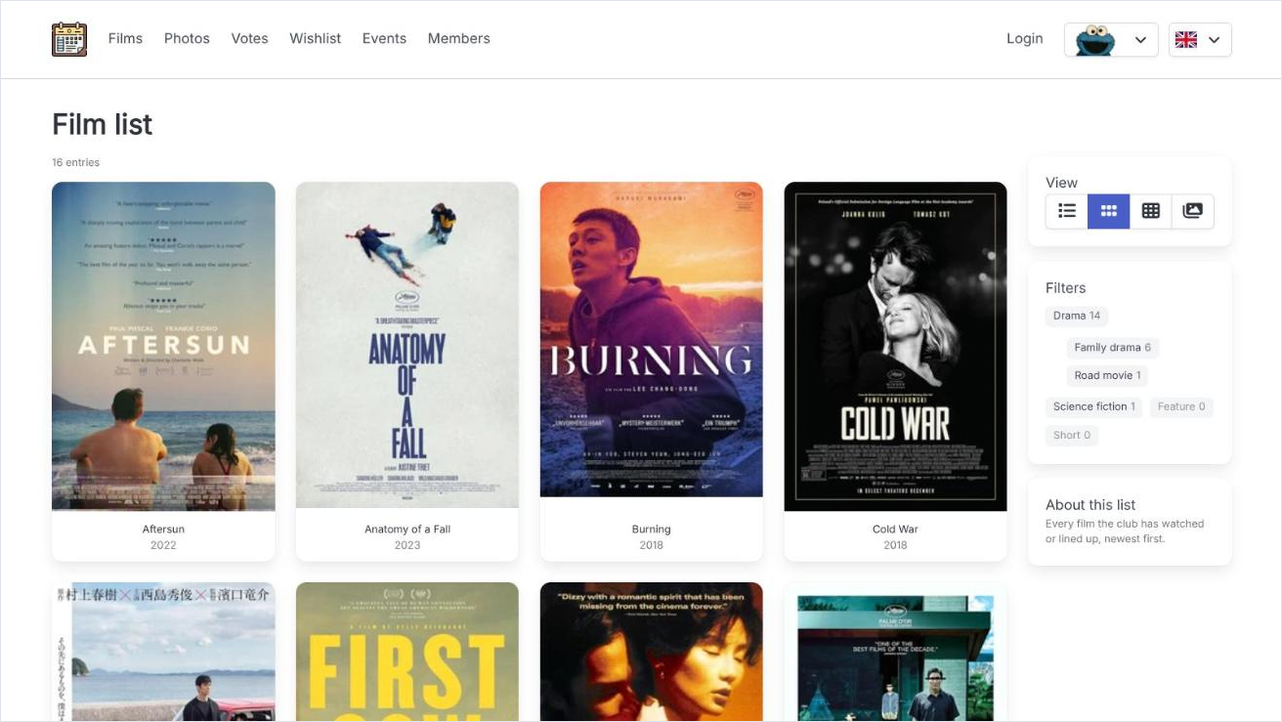 Der Filmkatalog als Posterwand mit Tag-Filtern und Ansichtswechsler