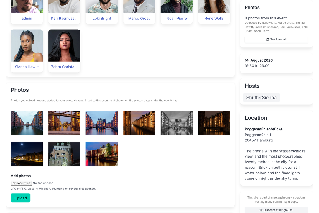 Screenshot: eine Eventseite zu einem Photowalk - oben die Zusagenliste, darunter die Fotobox des Clubs mit neun Aufnahmen des Abends und einem Upload-Feld, in der Seitenspalte die Anzahl der Fotos und wer sie mitgebracht hat.